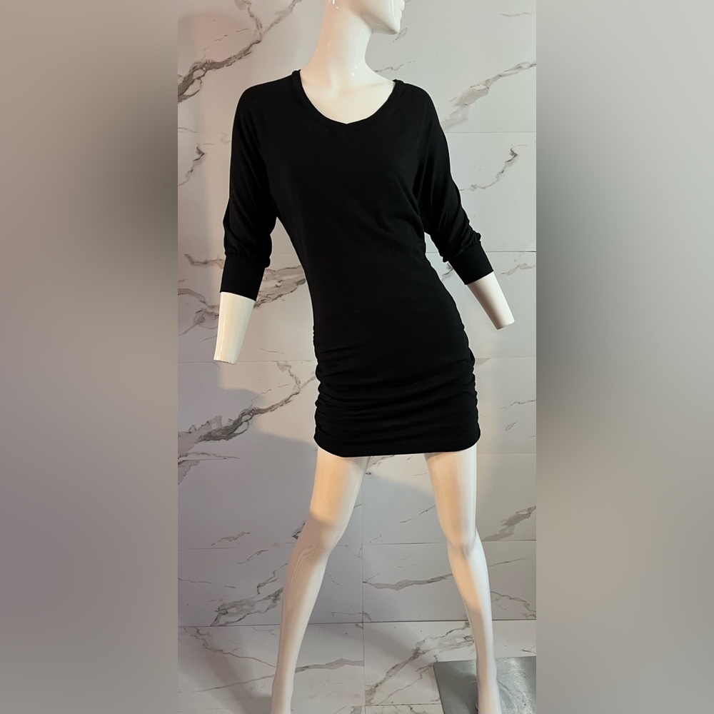 RACHEL Rachel Roy Black Ruched Stretch Mini Dress LBD Half Sleeves Size M